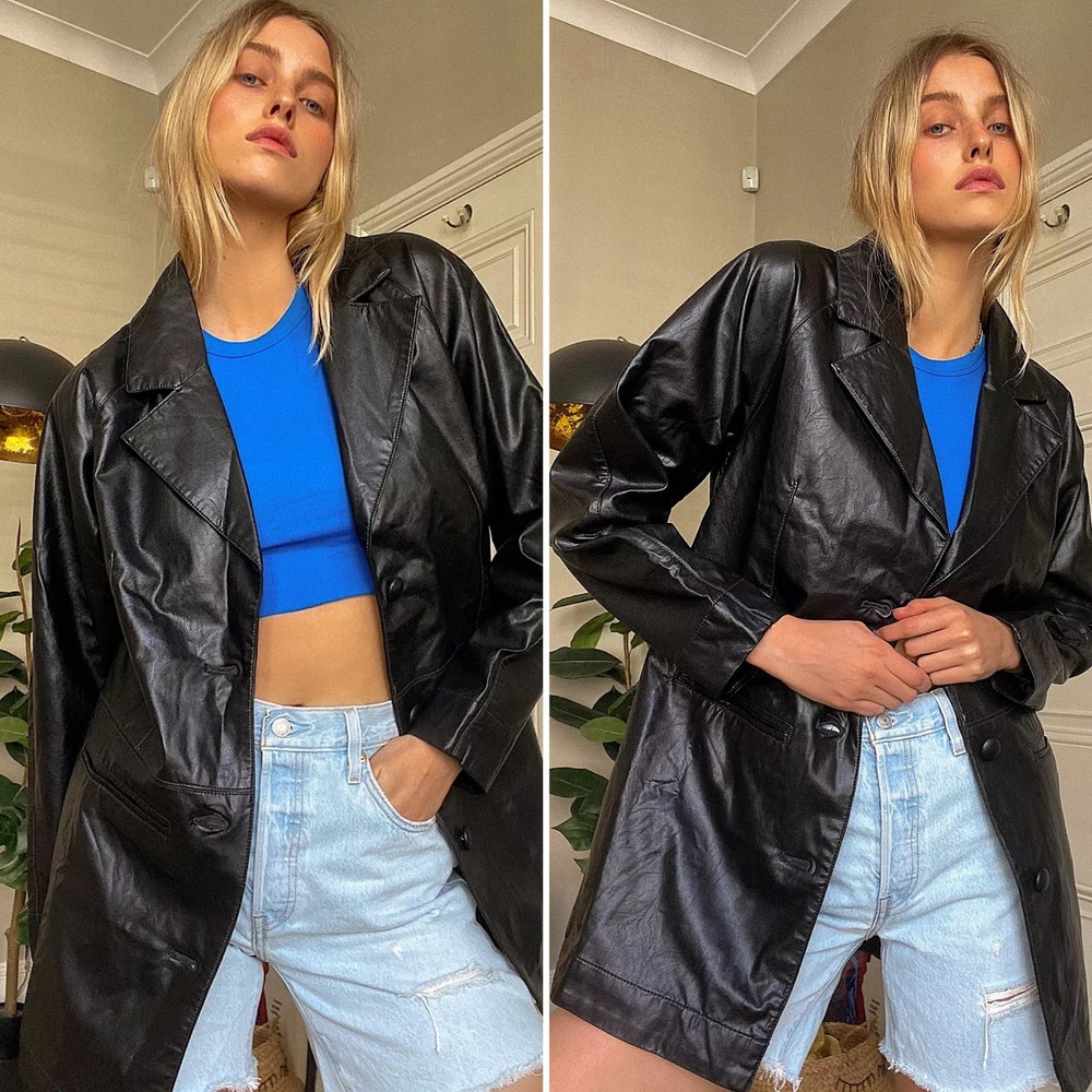 Urban Outfitters Black Faux Leather Oversized Blazer Jacket‎ Womens Size M 90s